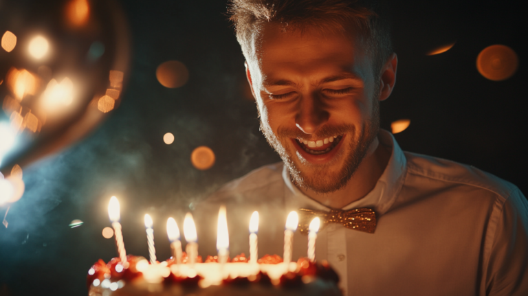 A Man in A White Shirt and Gold Bow Tie Is Happily Smiling at A Lit Birthday Cake, Symbolizing Birthday Wishes for Jiju