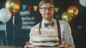 A Male Teacher Wearing Glasses and A Bow Tie Smiles While Holding a Birthday Cake with Lit Candles, Surrounded by Balloons and Festive Decorations