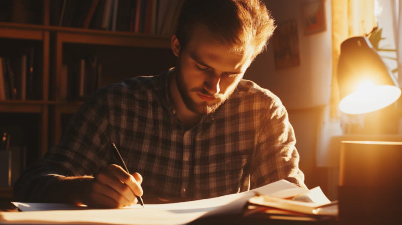 A Man Sitting at A Desk, Focused on Crafting a Resume