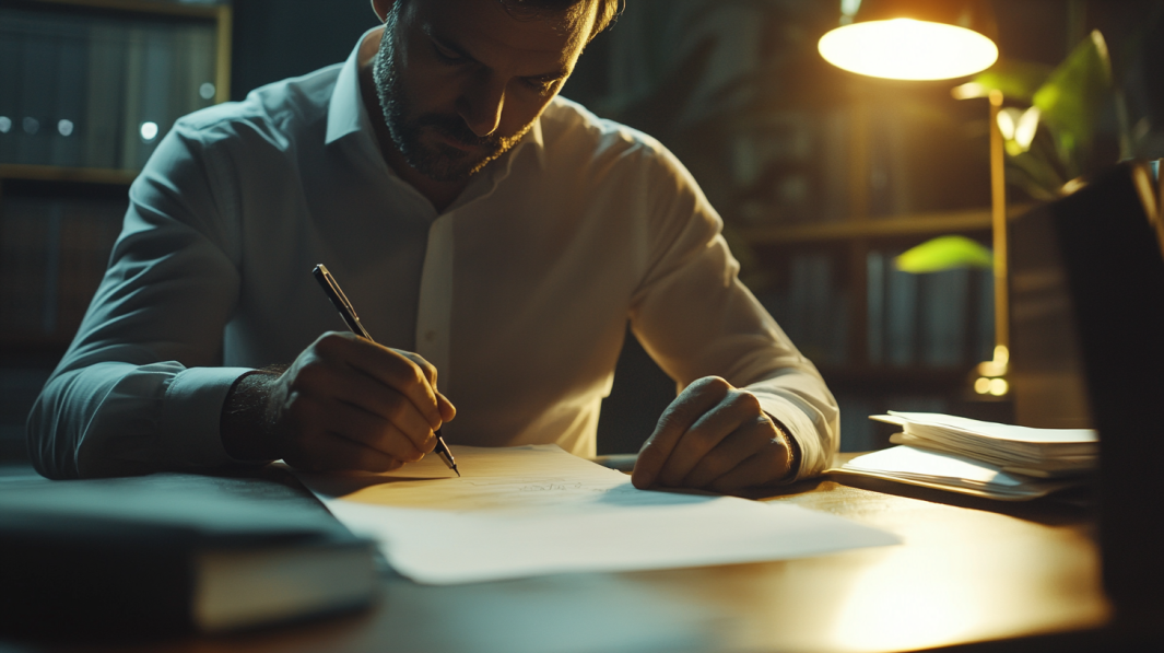 A Man Sitting at A Desk, Working on Creating and Writing an Impressive Resume on His Laptop