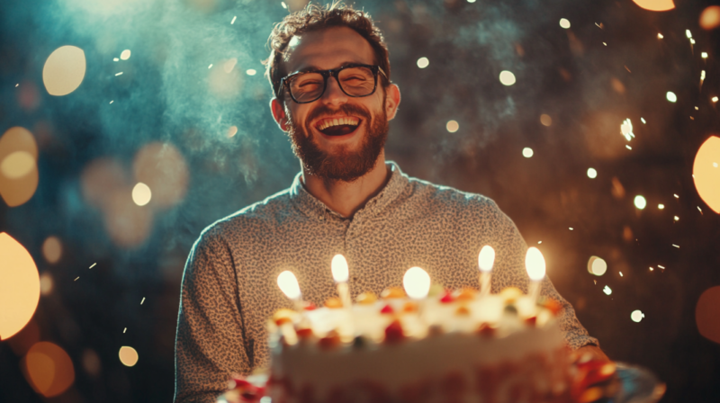 A Joyful Man Is Laughing While Holding a Birthday Cake with Lit Candles, Surrounded by Festive Lights and A Celebratory Atmosphere, Representing Emotional Birthday Wishes for Jiju