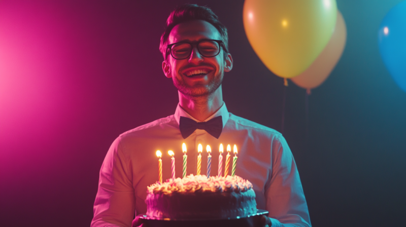 A Male Teacher Wearing Glasses and A Bow Tie Smiles Brightly While Holding a Cake with Lit Candles, Standing in Front of Colorful Balloons and Illuminated by Vibrant Pink and Blue Lighting