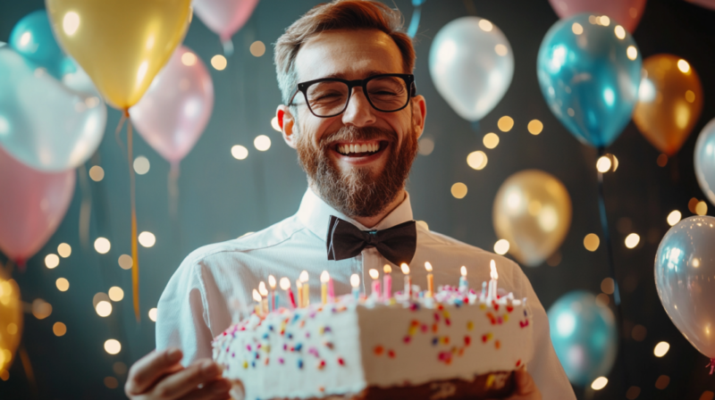 A Joyful Male Teacher with Glasses and A Bow Tie Holds a Birthday Cake Adorned with Candles and Colorful Sprinkles, Surrounded by Balloons and Twinkling Lights