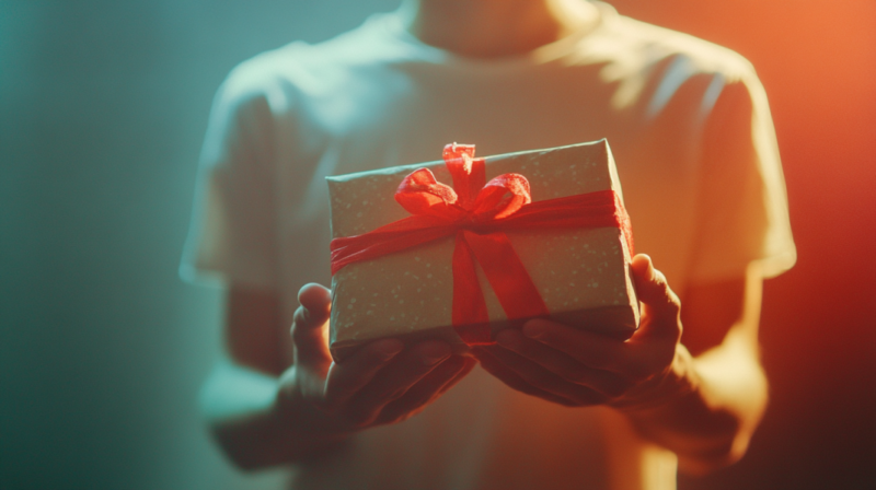 A Person in A Light-Colored T-Shirt Is Holding a Gift Box Wrapped in Brown Paper with A Red Ribbon, Set Against a Warm, Glowing Background