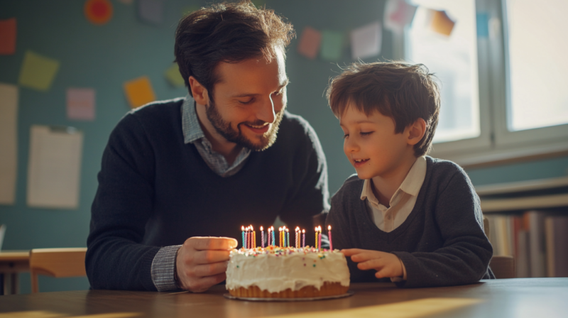 A Male Teacher and A Young Boy Smile as They Look at A Birthday Cake with Lit Candles, Sitting Together in A Warmly Lit Classroom Decorated with Colorful Papers