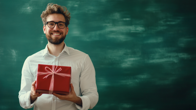 A Male Teacher with Glasses and A Beard Smiles While Holding a Gift Wrapped in Red Paper with A White Ribbon