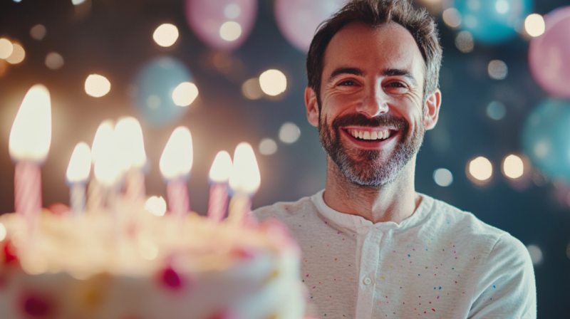 A Smiling Male Teacher with A Beard Stands in Front of A Birthday Cake with Lit Candles, Surrounded by Softly Glowing Lights and Pastel-Colored Balloons