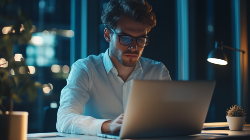 A Man Sitting at A Desk, Concentrating on Writing an Engaging Summary on His Laptop