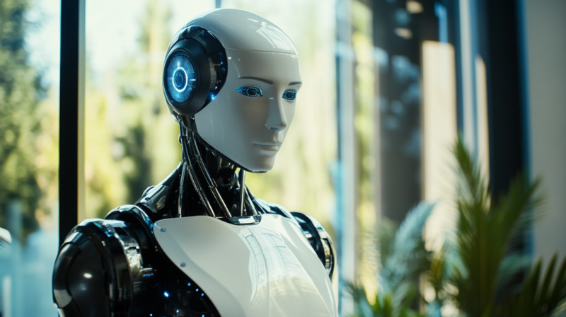 A Sleek Humanoid Robot with A Glossy Black and White Body and Illuminated Blue Eyes Stands in A Modern Office Setting, Representing the Integration of Ai and Automation in Business Environments