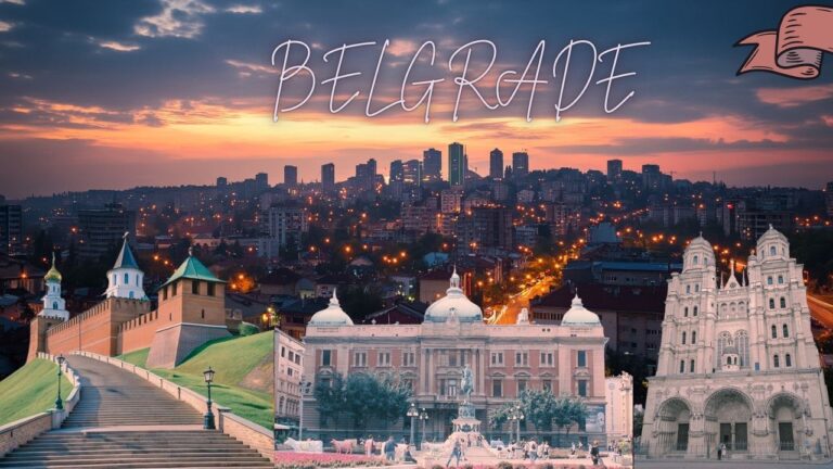 Belgrade at dusk, showcasing the city skyline with twinkling lights and historical landmarks, including old fortresses and iconic buildings