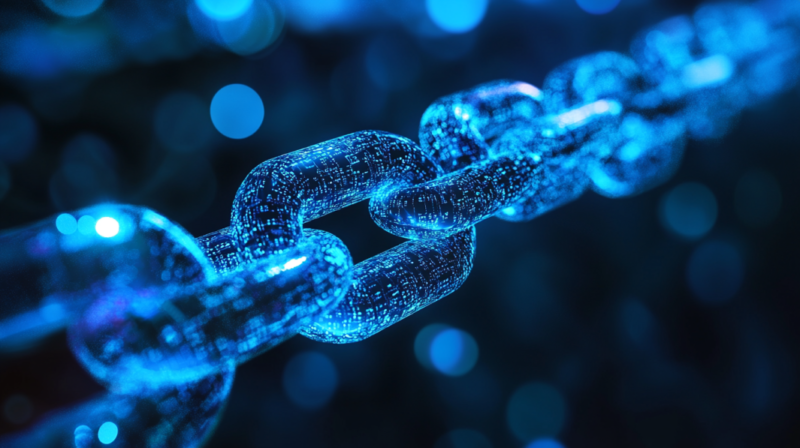 A Close-Up View of Glowing Digital Chains with Blue Lights, Representing Blockchain Technology as A Secure and Transparent Method for Conducting Business Transactions