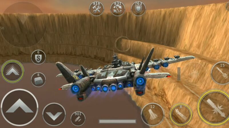 A Futuristic Gunship Flies Through a Canyon in The Gunship Battle Game Interface