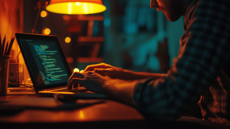 A Person Working on A Laptop in A Dimly Lit Room, Highlighting how Low-Code Platforms Speed up Digital Transformation Through Faster Development Processes