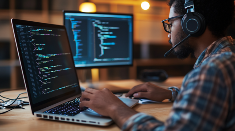 A Software Developer Working on A Laptop with Coding Displayed on Multiple Screens, Representing the Efficiency of Low-Code Platforms in Accelerating Digital Transformation