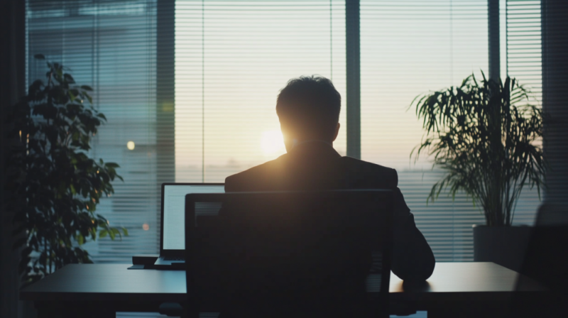 Silhouette of A Businessman Working on A Computer in An Office at Sunset, Symbolizing the Role of Technology in Driving Business Growth and Productivity