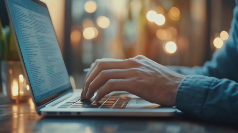 A Person Types on A Laptop in A Softly Lit Setting, Symbolizing how Low-Code Platforms Simplify Software Development