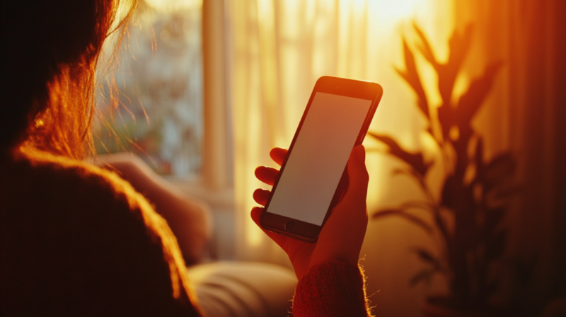 A Woman Holding a Smartphone with A Blank Screen, Illuminated by A Warm Sunset Through a Window, Symbolizing the Pervasive Reach of Mobile Technology in Connecting People