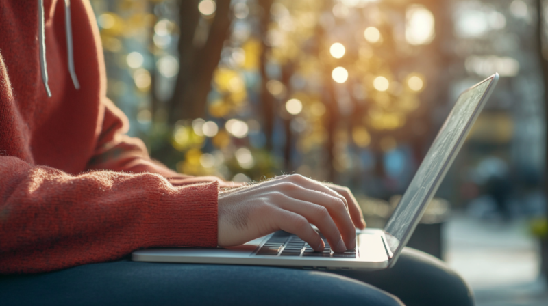 A Person Typing on A Laptop Outdoors, Symbolizing the Efficiency and Versatility of Low-Code Platforms in Digital Transformation