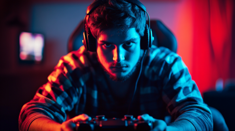 A Focused Gamer Playing Strategy Games on A Console, Wearing Headphones in A Dimly Lit Room with Blue and Red Lighting