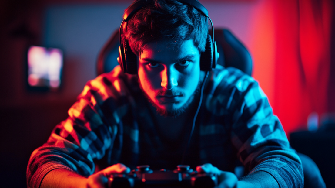 A Focused Gamer Playing Strategy Games on A Console, Wearing Headphones in A Dimly Lit Room with Blue and Red Lighting