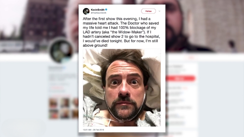 Kevin Smith Lying in A Hospital Bed, Sharing a Social Media Post About His Near-Fatal Heart Attack