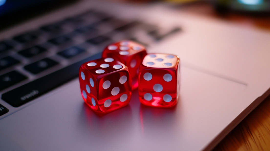 Red Dice on A Laptop Keyboard, Symbolizing Online Gambling