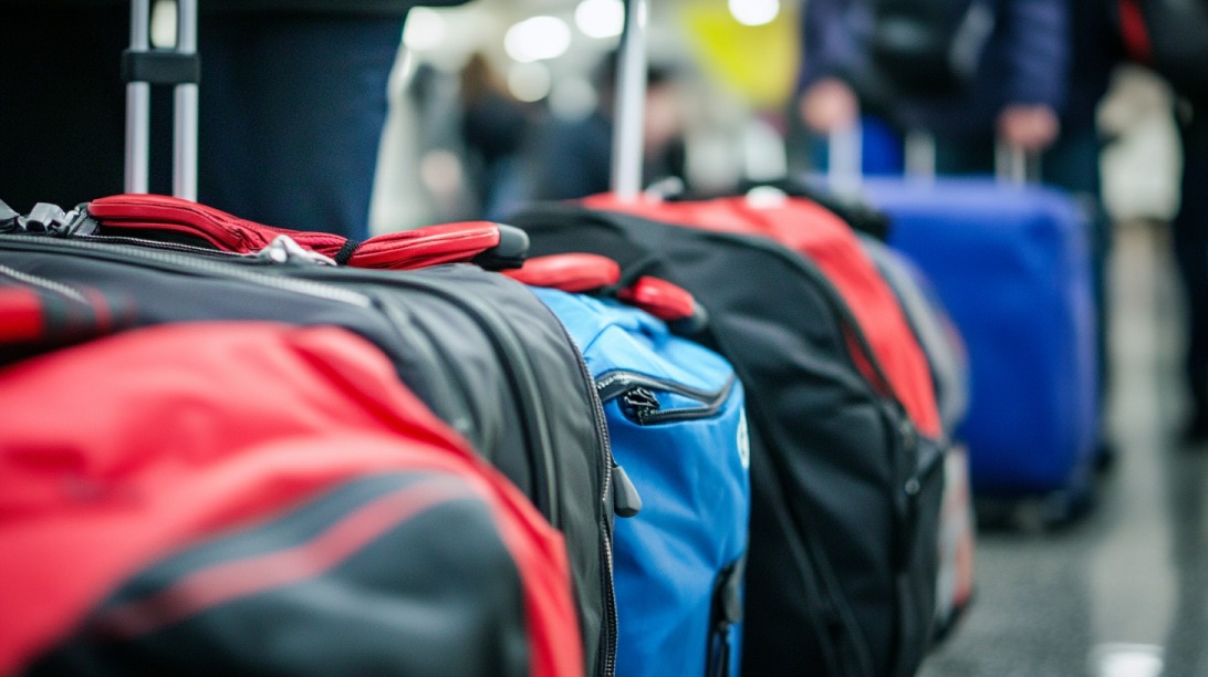 Close-up of various red, blue, and black suitcases lined up at an airport with people in the background