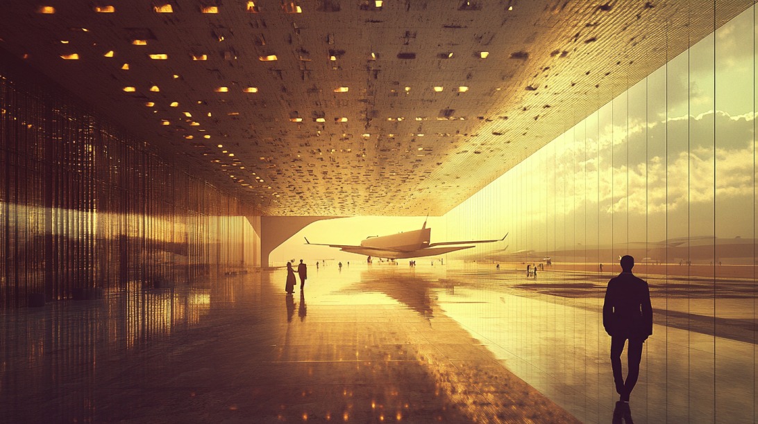 People walking through a modern, architecturally striking airport terminal with a large airplane visible outside at sunset