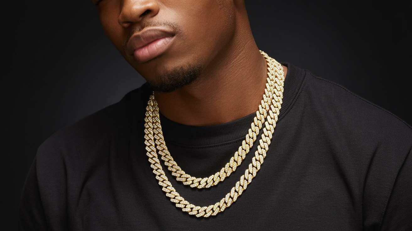 Man wearing two medium-thickness gold Cuban link chains over a black shirt.