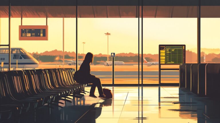 Silhouette of a person sitting in an airport terminal with planes outside at sunrise