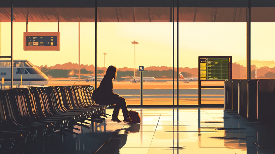 Silhouette of a person sitting in an airport terminal with planes outside at sunrise