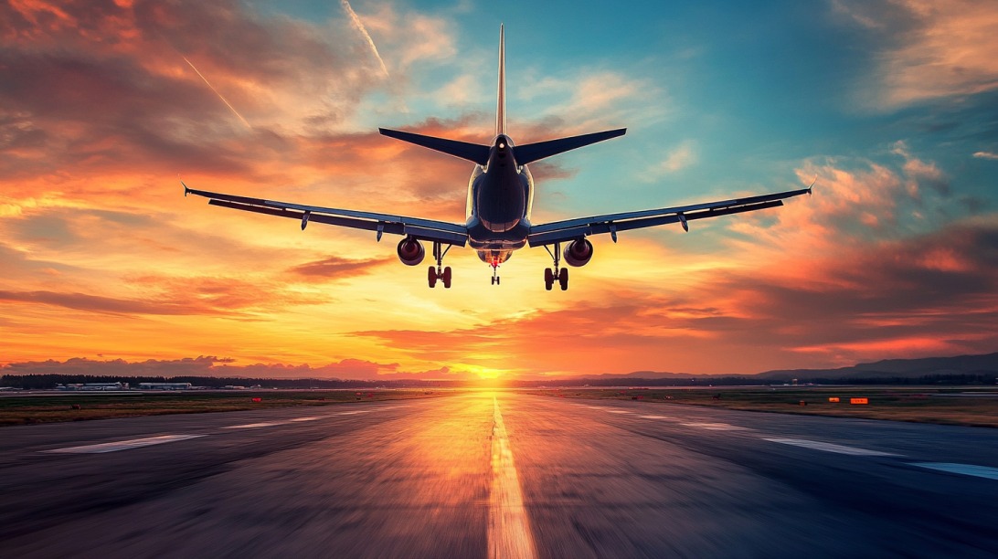 Airplane lifting off from a runway with a colorful sunrise sky in the background