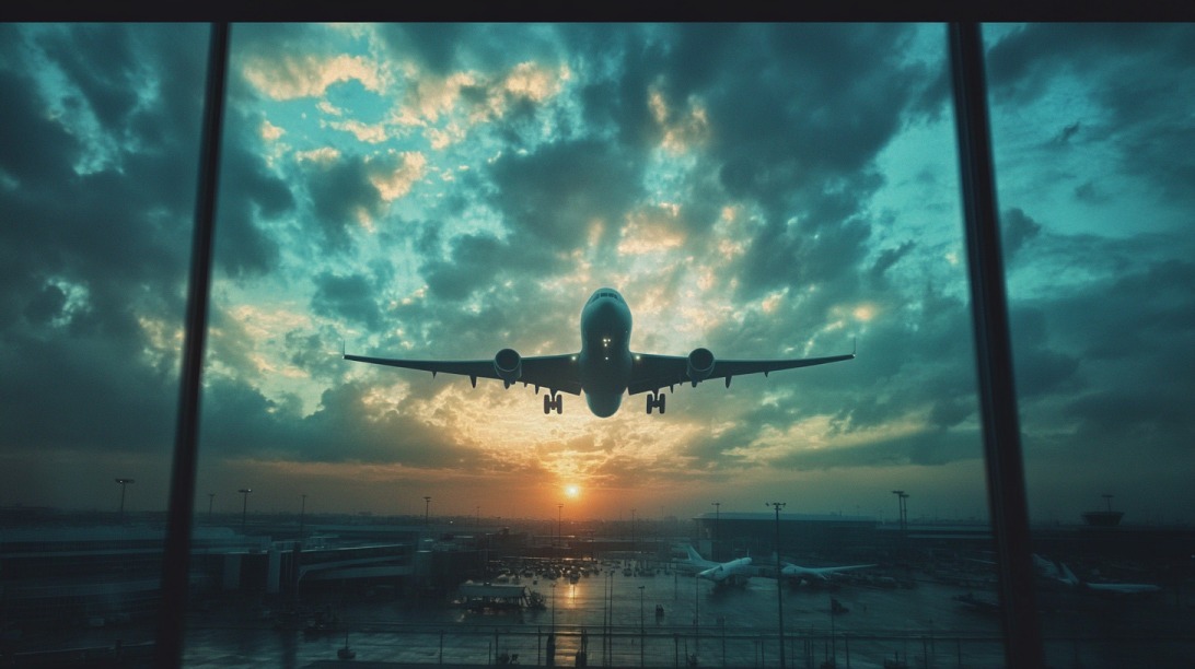 Airplane taking off against a dramatic cloudy sky at sunset, viewed from an airport terminal window
