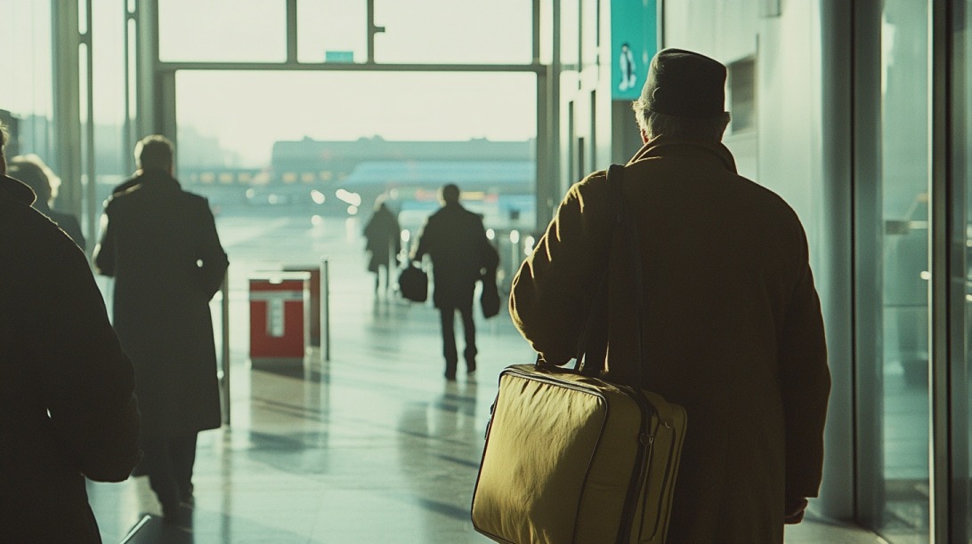 People walking through an airport terminal with bags, illuminated by soft morning sunlight