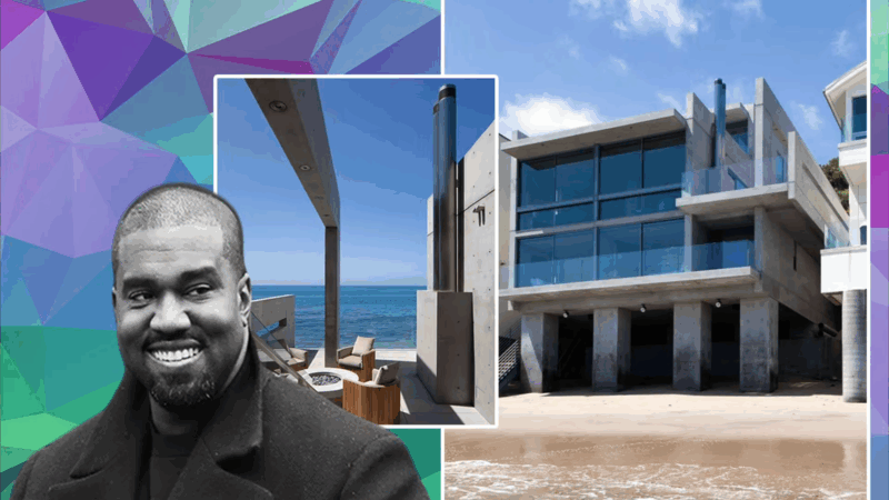 Kanye West stands in front of his Malibu beachfront home, a stark concrete structure designed by architect Tadao Ando