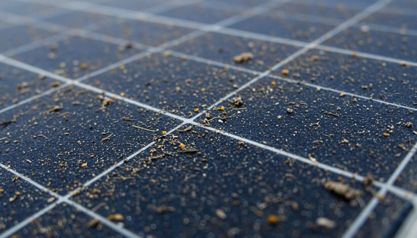 A close-up view of a solar panel, covered in a layer of dirt and debris