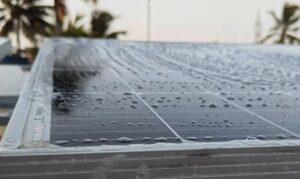 Clean solar panels, glistening with water droplets