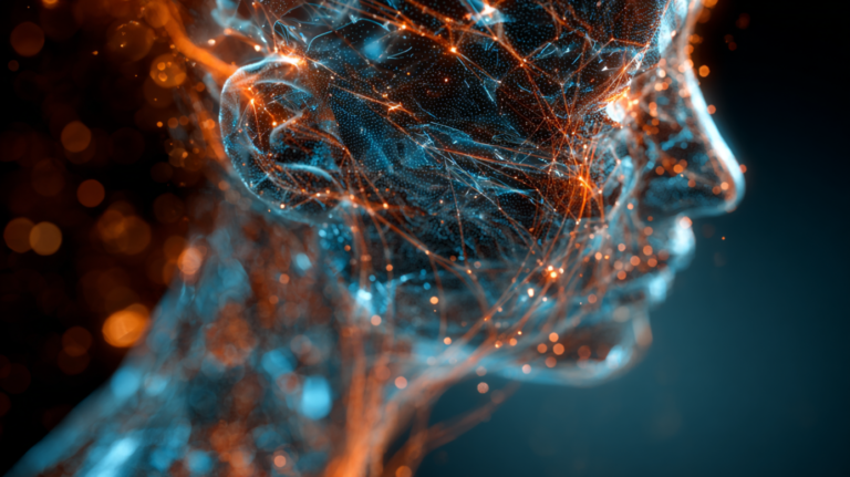 Human-like face made of glowing lines showing how neural networks guide NPC decision making