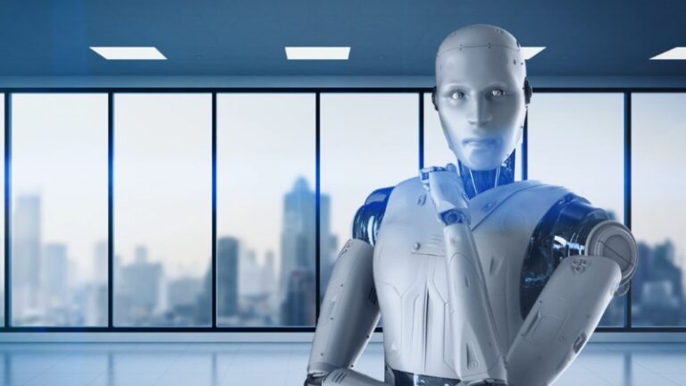 A humanoid robot stands in a modern office, symbolizing how AI will reshape workplaces