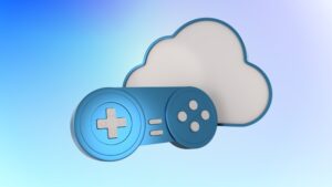 Blue 3D game controller with a cloud icon symbolizing cloud gaming technology