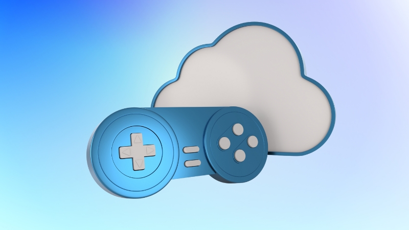 Blue 3D game controller with a cloud icon symbolizing cloud gaming technology
