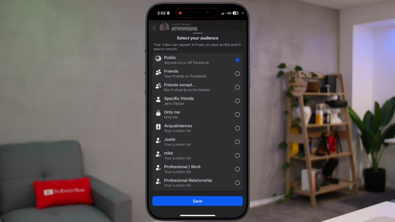 A smartphone screen shows Facebook Live audience selection options for choosing who can view a live video