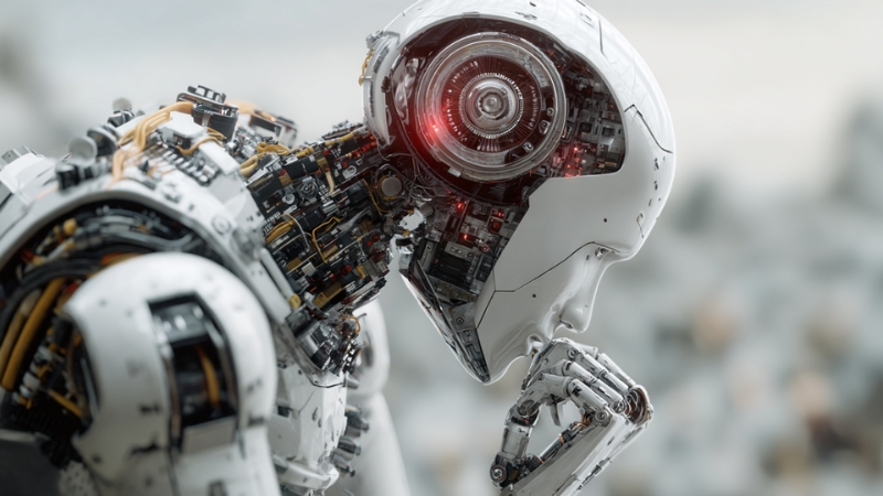 A humanoid robot with exposed circuits and a mechanical eye