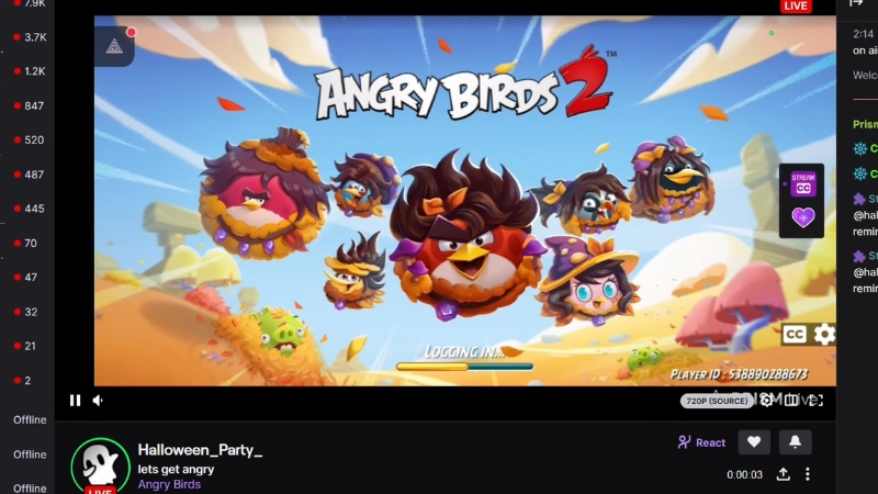 A Twitch live stream shows Angry Birds 2 gameplay with viewer interactions on the side