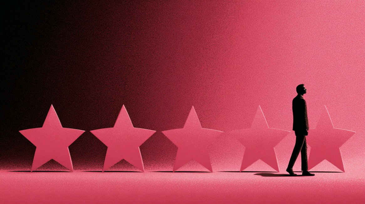 Silhouette of a man walking past large star icons, symbolizing app store ratings