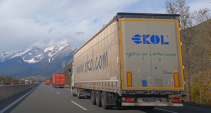 Truck driving on a highway through Tyrol, Austria
