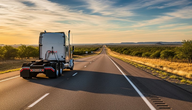 Truck on an empty highway on a sunny day