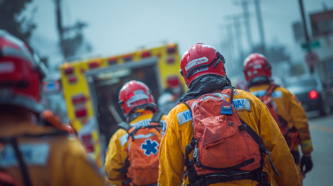 Rescue team in helmets and protective clothing approaching an ambulance during an emergency response