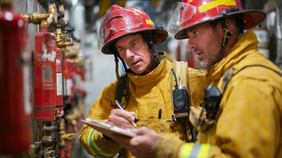 Two firefighters in yellow gear and red helmets inspecting fire extinguishers, one writing on a clipboard