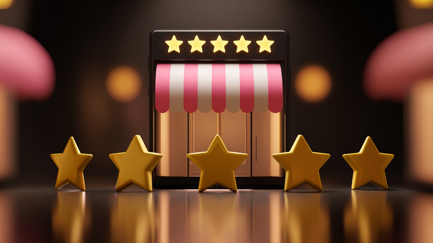 3D illustration of a smartphone storefront with five golden stars in front, symbolizing ratings and reviews